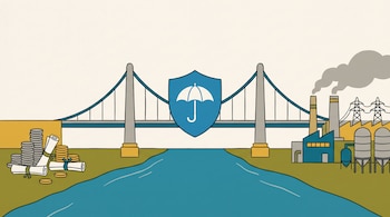 Ilustración de un puente sobre un río con un escudo azul, monedas a la izquierda y fábricas a la derecha.