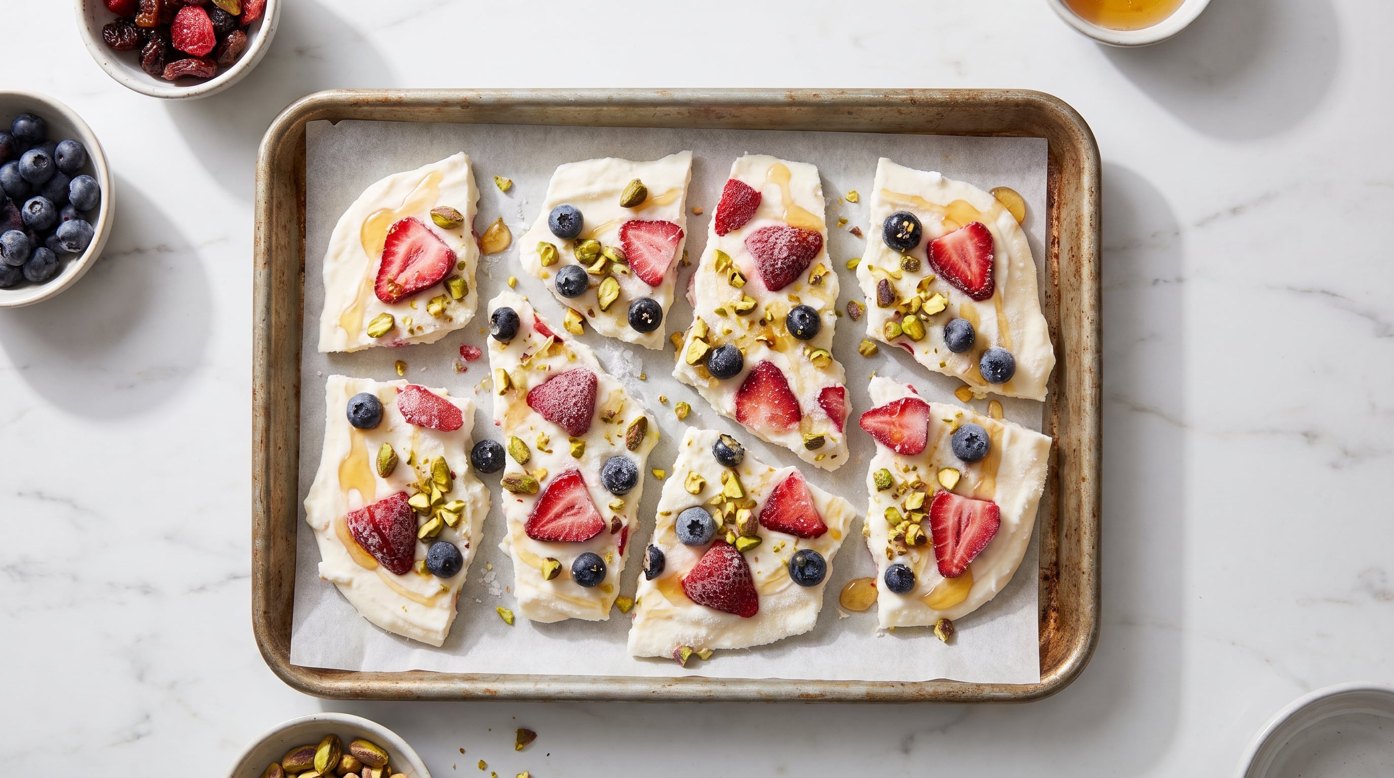 Varios trozos de yogur congelado cubiertos con fresas, arándanos, pistachos y miel descansan sobre una bandeja para hornear. (Imagen Ilustrativa Infobae)