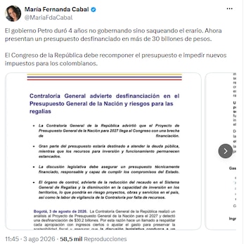 María Fernanda Cabal acusó a Gustavo Petro de desfinanciar el presupuesto y pidió al Congreso evitar nuevos impuestos - crédito @MariaFdaCabal/X