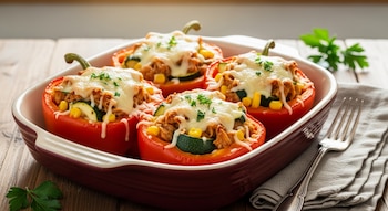 Cuatro pimientos rojos rellenos de pollo, calabacín y maíz, cubiertos con queso gratinado y perejil, en una fuente de cerámica sobre madera.