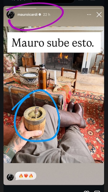 Captura de pantalla de una historia de Instagram donde una mano sostiene un mate grabado frente a una chimenea