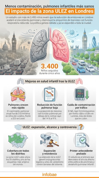 Ilustración de pulmones (uno gris, otro rosa), el skyline de Londres con tráfico y contaminación, y gráficos de datos sobre el impacto de la zona ULEZ.