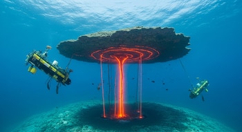 Dos vehículos submarinos exploran una formación rocosa submarina con columnas de luz roja que emergen del lecho marino y círculos rojos brillantes en la roca y el fondo, con peces pequeños.