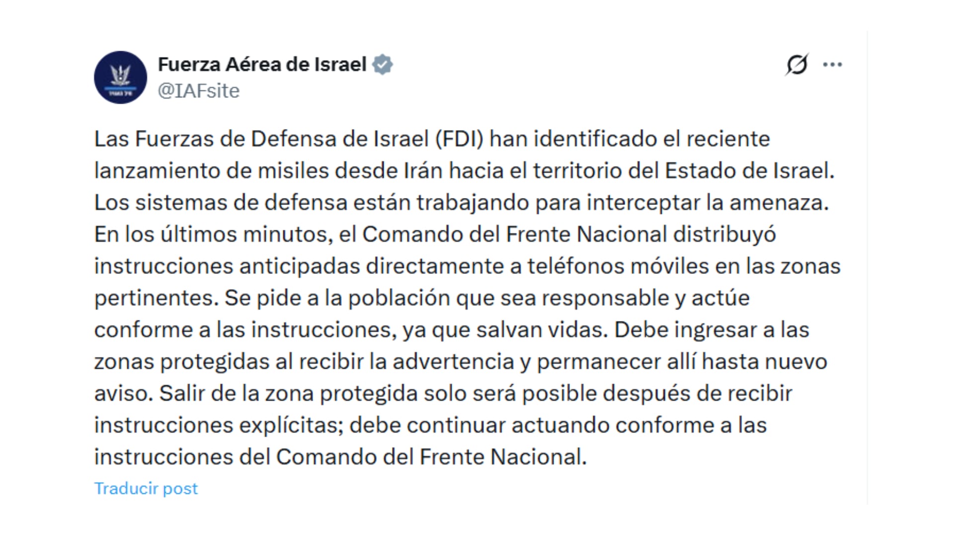 El mensaje de la Fuerza Aérea de Israel vía X (@IAFsite)
