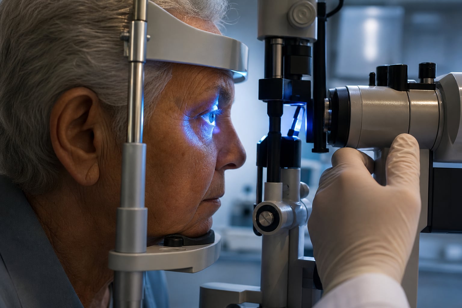 Un médico realiza un examen ocular a un paciente mediante una lámpara de hendidura en un consultorio. (Imagen Ilustrativa Infobae)