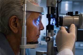 Paciente de perfil apoya el rostro en un equipo médico con luz azul dirigida a su ojo mientras una mano con guante ajusta el aparato.