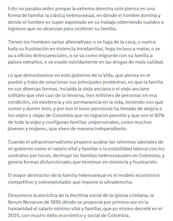 El presidente sostuvo que existe una “doble moral” en sectores ultraconservadores que se presentan como defensores de la familia - crédito @petrogustavo/X