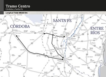 Mapa detallado que muestra las provincias de Córdoba, Santa Fe y Entre Ríos, con rutas y ciudades destacadas, e identificando el 'Tramo Centro'