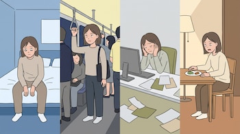 Una ilustración de cuatro viñetas con una persona en la cama, en un colectivo, en una oficina frente a un monitor y cenando sola en una mesa.