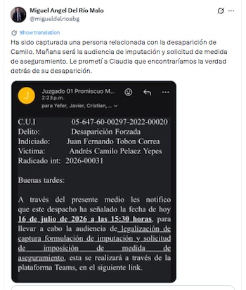 Este fue el mensaje que compartió Miguel Ángel del Rio, tras conocerse la judicialización de "El Paisa"- crédito migueldelrioabg/X