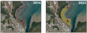 Dos mapas satelitales de una zona costera que muestran una sección sombreada de color verde en los años 2014 y 2023