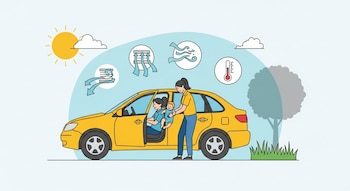 Ilustración: Adulto saca a bebé de coche amarillo bajo el sol. Ventanas abiertas, iconos de ventilación, termómetro y sombra de árbol visibles.