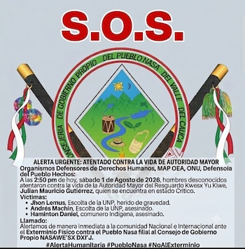 La Consejería de Gobierno Propio del Pueblo Nasa del Valle del Cauca denunció ataque contra integrantes del resguardo Kwesx Yu Kiwe - crédito @GiovaniYule/X