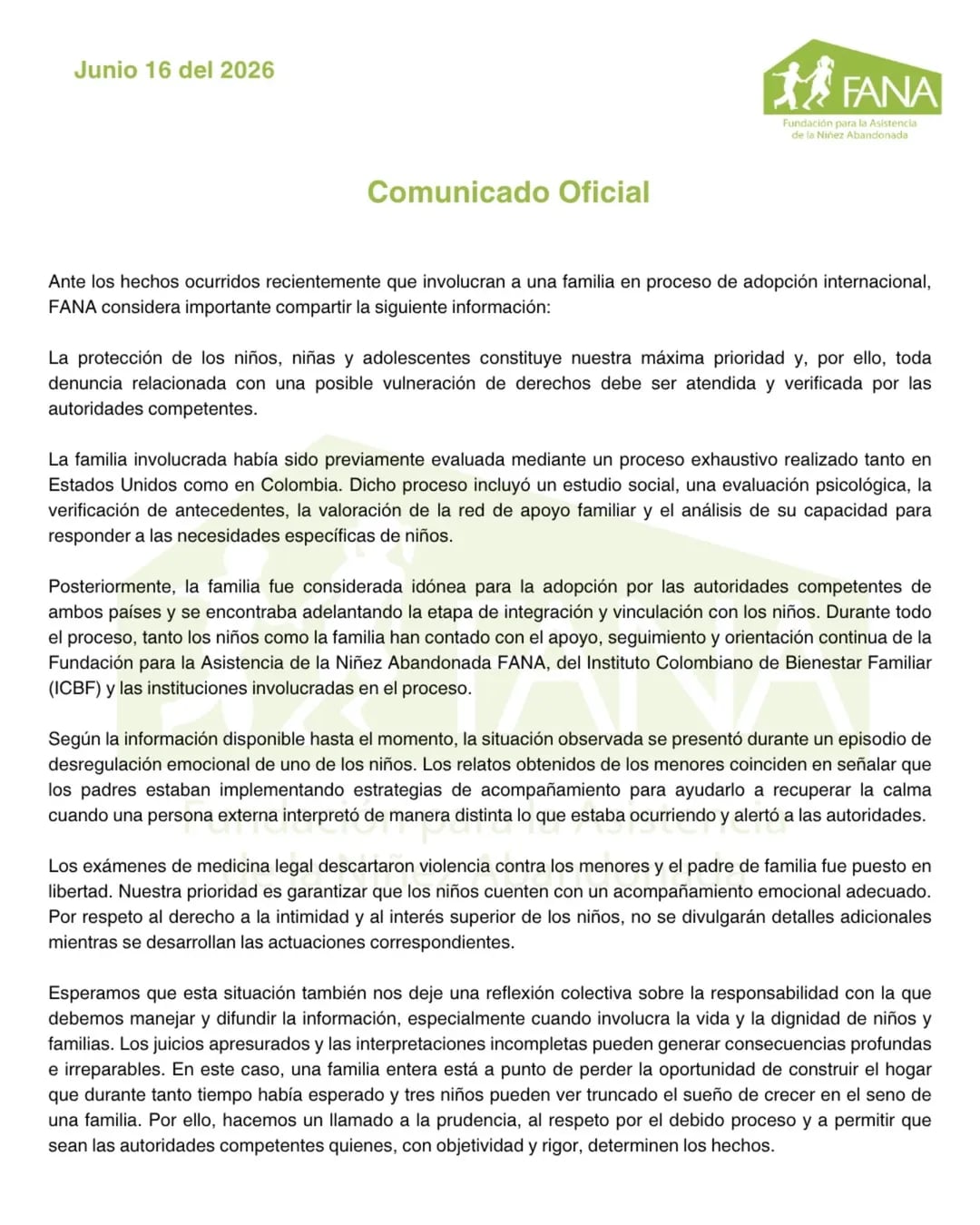 La Fundación Fana fue la que llevó, con el Icbf, el proceso de adopción de los tres menores involucrados - crédito fundacionfana/Instagram