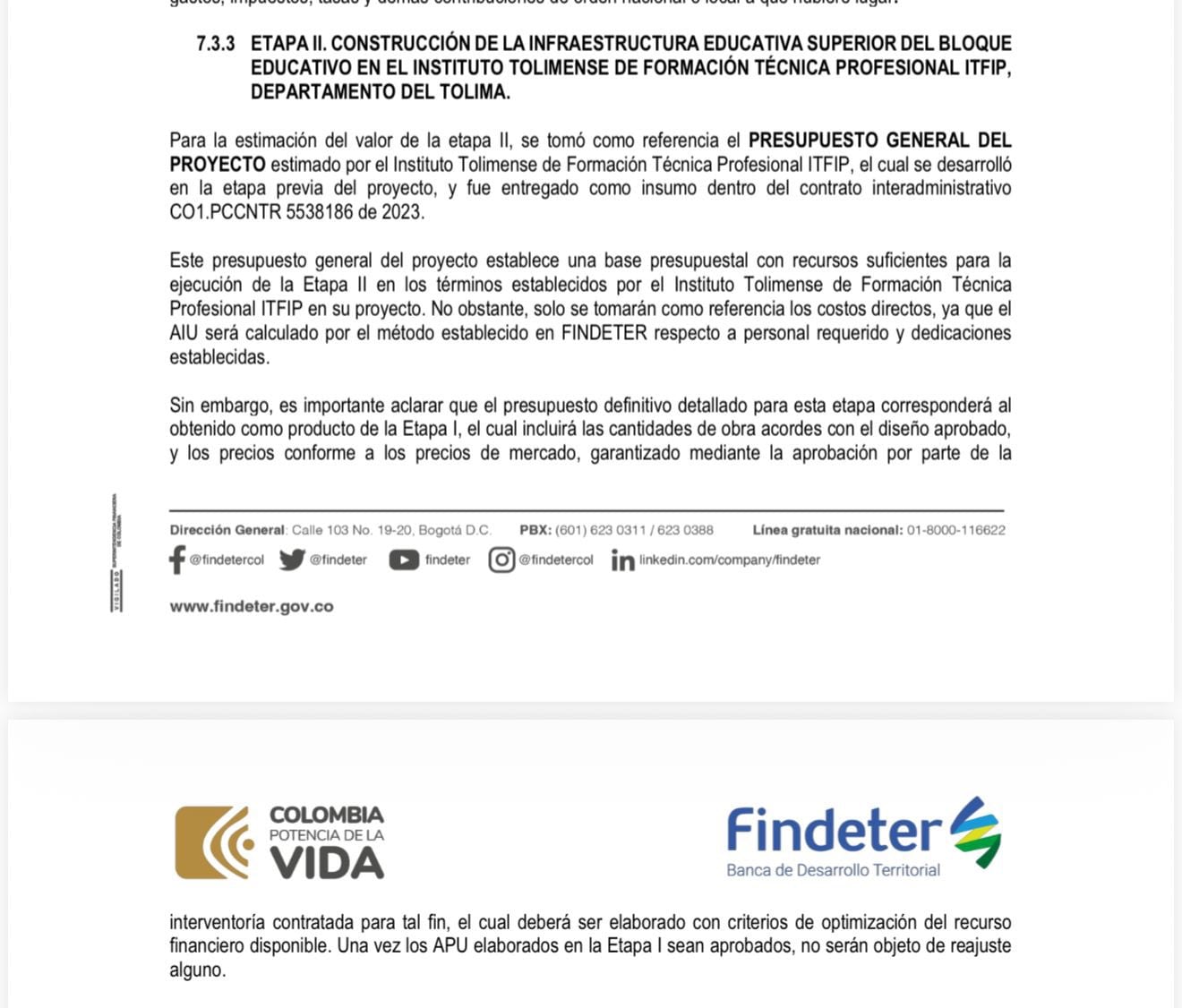 El Ministerio de Educación mostró documentos contractuales que respaldan el avance y modificaciones del proyecto en El Espinal - crédito Ministerio de Educación