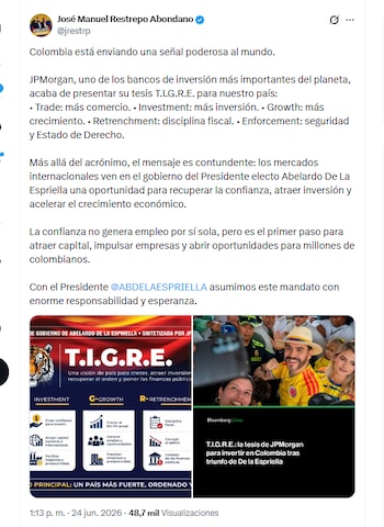 El vicepresidente electo José Manuel Restrepo Abondano informó que el banco JPMorgan presentó su tesis T.I.G.R.E. para Colombia - crédito @jrestrp/X