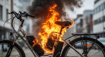 Primer plano de una bicicleta eléctrica plateada en llamas, con denso humo negro elevándose en un entorno urbano de edificios borrosos al fondo.