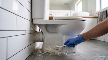 Mano con guante azul sostiene un cepillo para frotar las manchas de sarro amarillento en la base y tubería de un inodoro blanco.