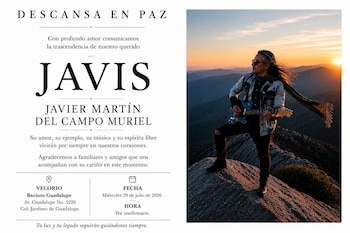 Hombre con cabello largo, gafas de sol y chalina, tocando guitarra eléctrica sobre una montaña al atardecer. Esquela fúnebre con datos de velorio