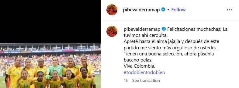 El exjugador agradeció por el desempeño de la selección - crédito @pibevalderramap/Instagram