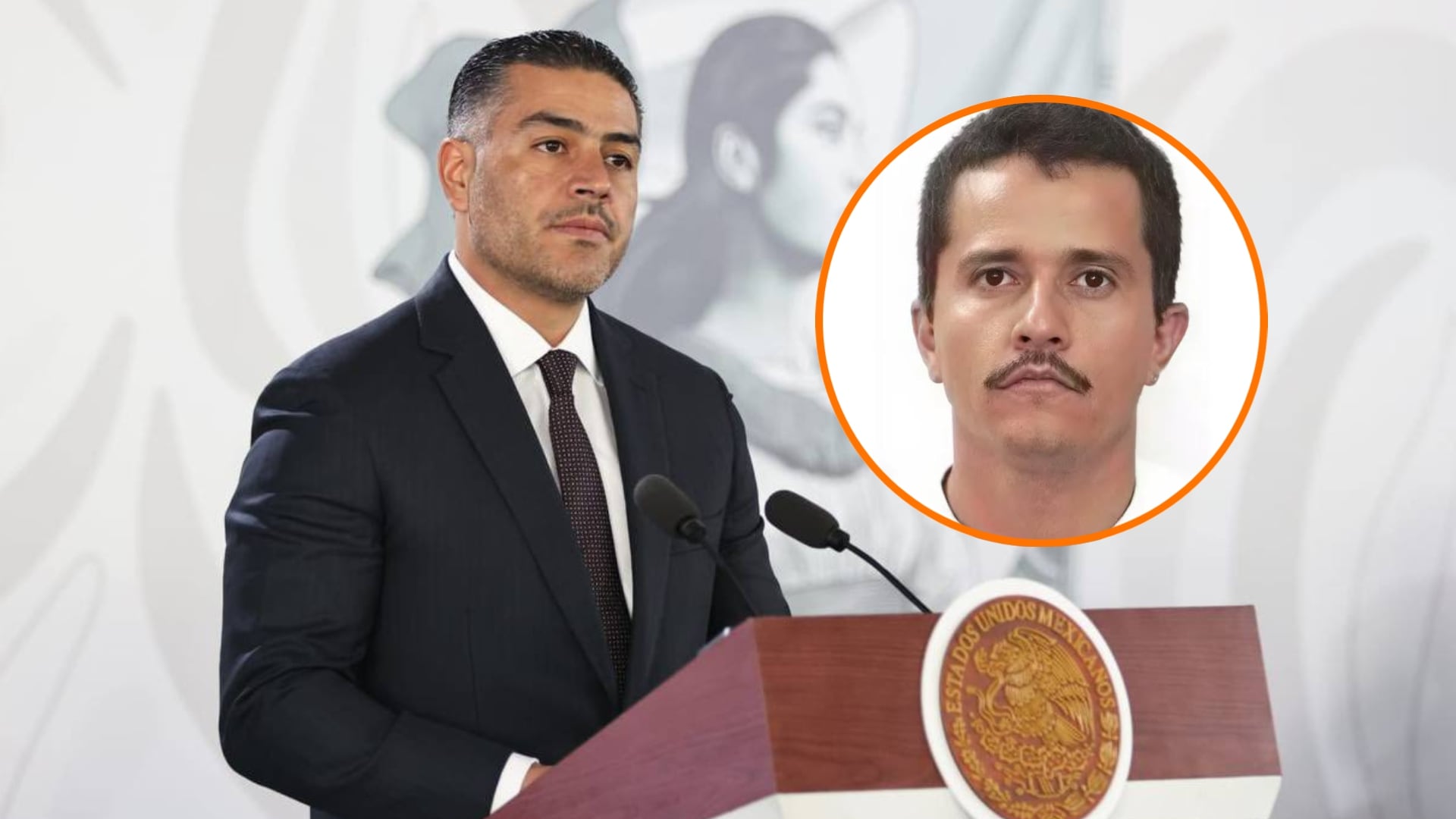 El secretario de Seguridad Pública, Omar Hamid García Harfuch, aparece junto a la imagen de