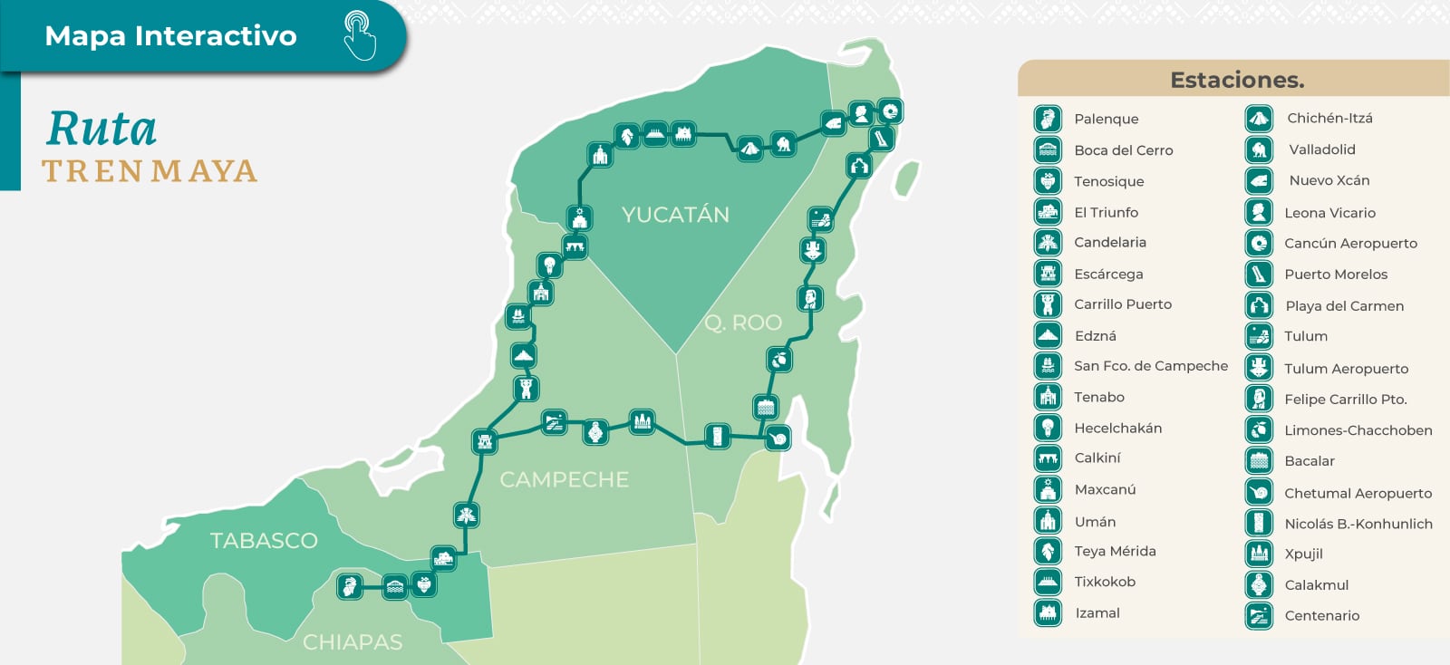 Imagen del mapa interactivo que presenta la ruta del Tren Maya. (Imagen: Gobierno de México).