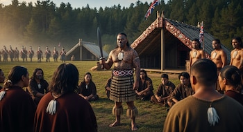 Un líder maorí con moko facial y corporal sostiene una taiaha ante su comunidad en un poblado tradicional. Al fondo se ven tropas británicas y un bosque.