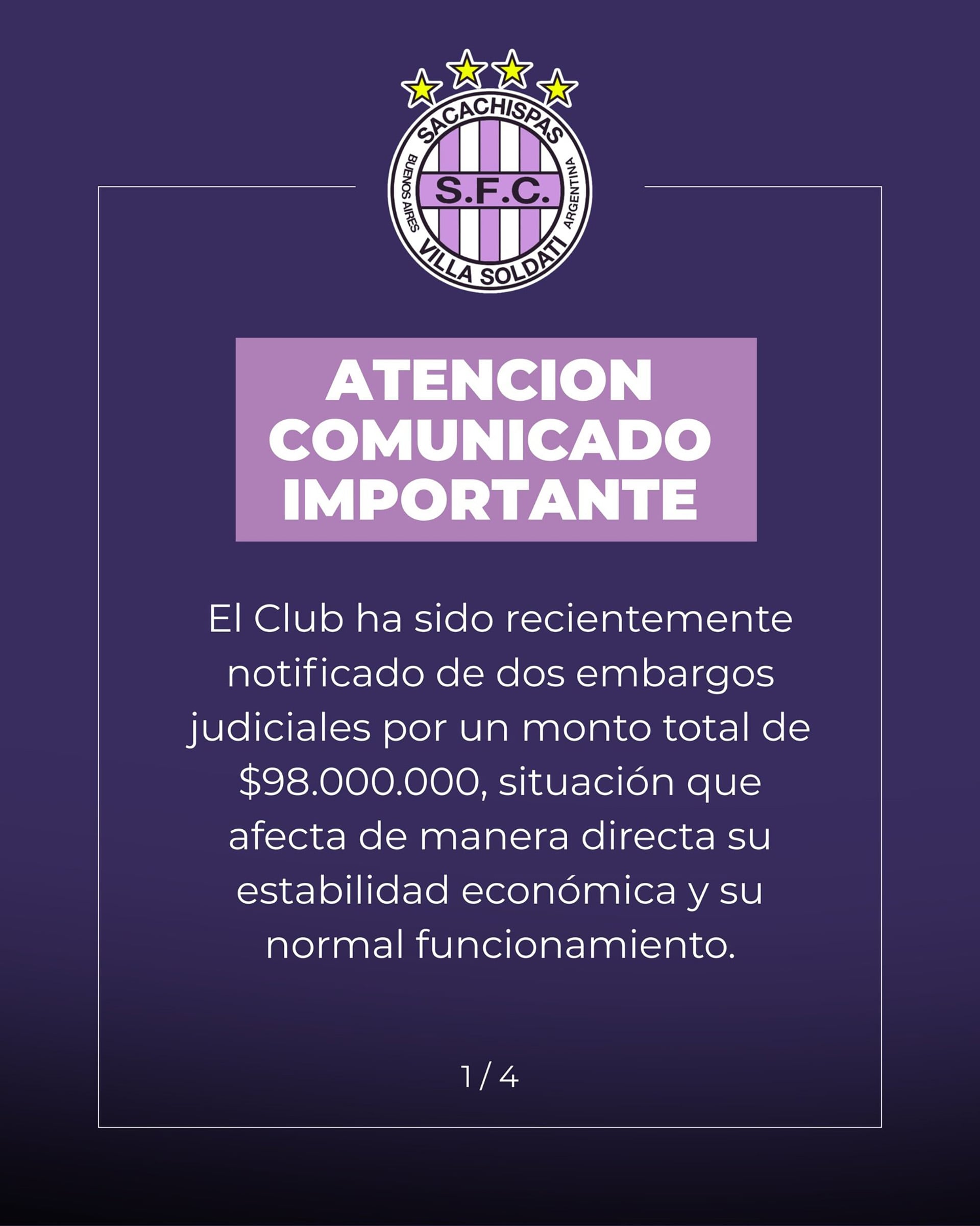 El Club Sacachispas emite un comunicado importante informando sobre dos embargos judiciales por un monto total de $98.000.000 que impactan su funcionamiento.