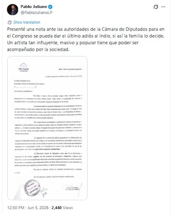 Captura de pantalla de un tuit de Pablo Juliano que muestra una nota oficial dirigida a la Cámara de Diputados con texto, sellos y la firma de Pablo Juliano