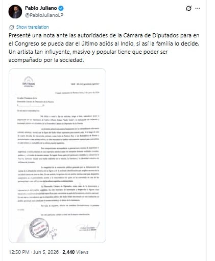 El diputado Pablo Juliano presentó una nota formal ante la Cámara de Diputados de Argentina para ofrecer el Congreso como lugar para el último adiós al icónico músico Carlos