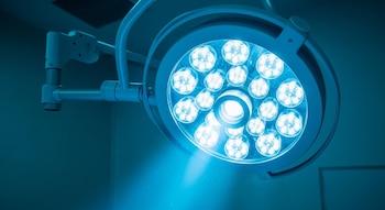 Primer plano de una lámpara quirúrgica con múltiples focos LED brillantes de color azul intenso, montada en un brazo articulado contra un fondo azul oscuro.