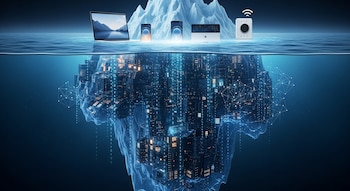 Ilustración de iceberg con dispositivos electrónicos (laptop, smartphones, iMac, termostato) sobre el agua y una masa oscura de circuitos, código binario y nodos de red bajo el agua.