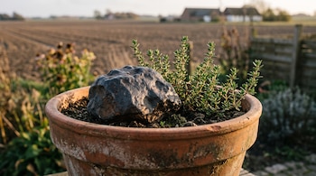 Una roca oscura de superficie irregular y plantas de tomillo dentro de una maceta de barro, con un campo agrícola al fondo.