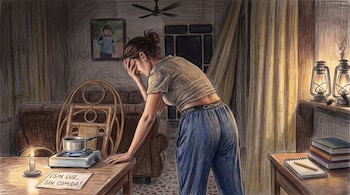 Ilustración a lápiz de una mujer apoyada en una mesa iluminada por una vela, con una hornilla portátil y una nota con texto manuscrito.