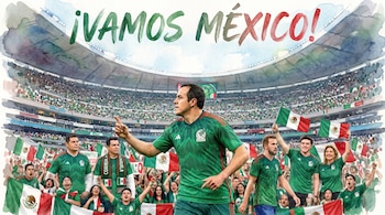 Ilustración en acuarela de un estadio de fútbol con gradas llenas, aficionados con camisetas verdes y banderas de México. Un texto dice "¡Vamos México!".