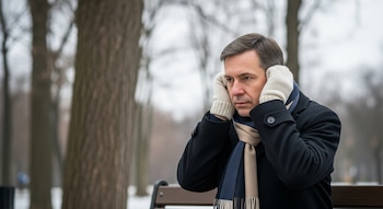 Hombre adulto con abrigo, bufanda y guantes sentado en un banco de parque invernal, cubriéndose las orejas. Fondo de árboles sin hojas y nieve.