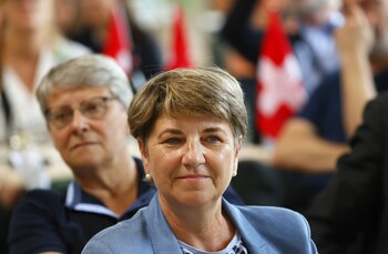 Swiss Defence, Civil Protection and Sport minister Viola Amherd attends a meeting wtih locals during the annual field trip of the Swiss Federal Council in Le Sentier, Switzerland, July 1, 2021. REUTERS/Denis Balibouse