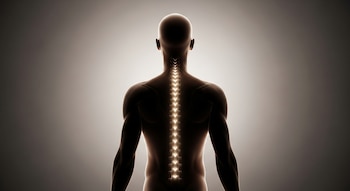 Vista posterior de una figura humana erguida, con la columna vertebral iluminada desde el cuello hasta la parte baja de la espalda, sobre un fondo gris neutro.