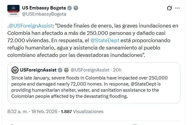 La Embajada de Estados Unidos en Colombia, con sede en Bogotá, compartió la mañana del miércoles 18 de febrero el mensaje que se publicó por parte del Departamento de Estado sobre el apoyo con entrega de ayudas humanitarias en zonas del país afectadas por la ola invernal - créditos @USEmbassyBogota/X | @USForeignAssist/X