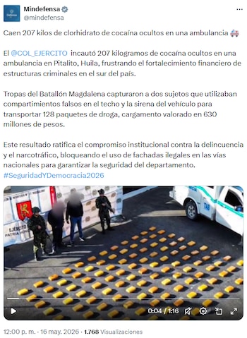 Dos capturados tras hallazgo de 207 kilos de cocaína en ambulancia modificada en Huila - crédito @mindefensa/X