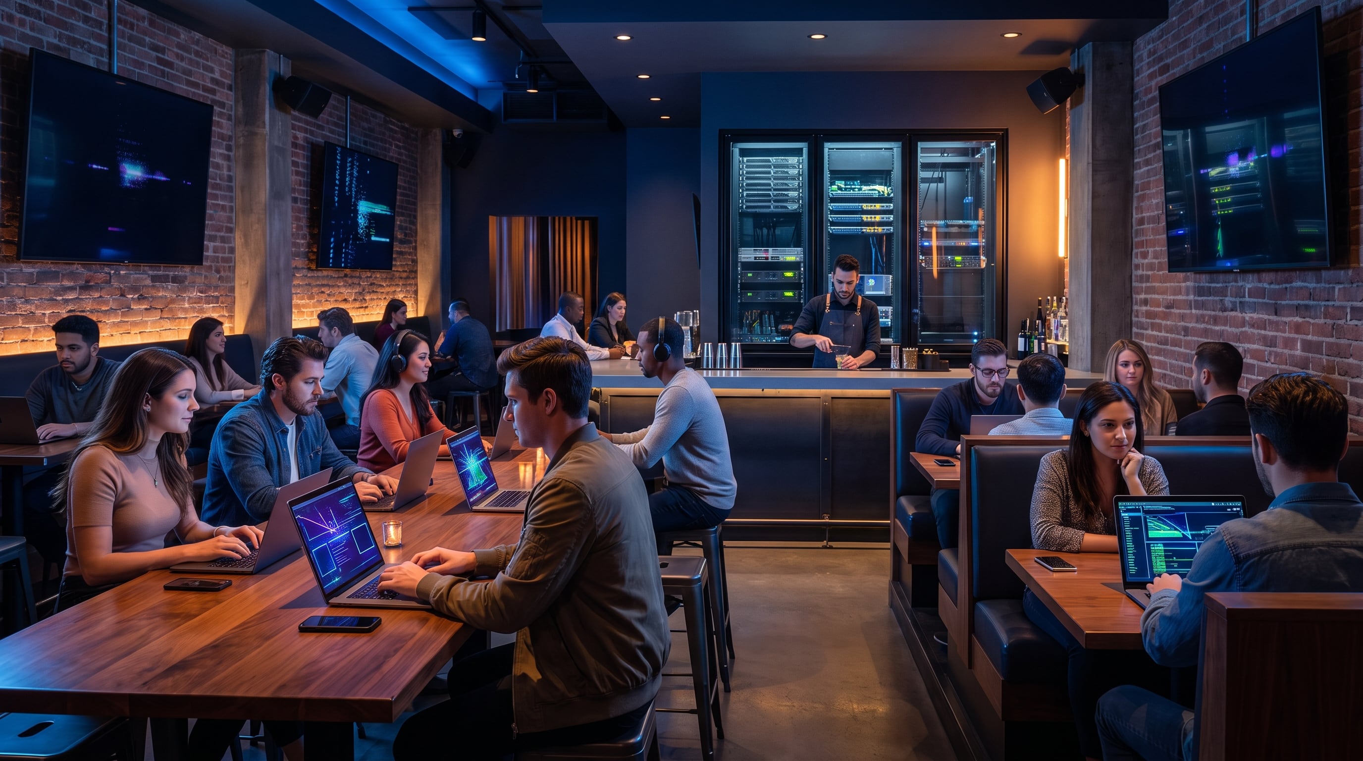 Varias personas utilizan computadoras portátiles en un bar especializado en inteligencia artificial, equipado con servidores tras la barra. (Imagen Ilustrativa Infobae)
