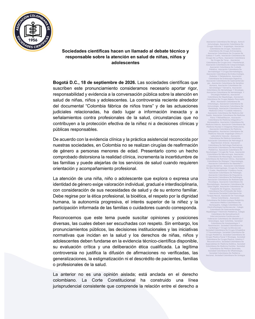 El ente gremial planteó que el debate público debe distinguir entre información verificable, hipótesis, opiniones y afirmaciones sin comprobar - crédito Asociación Colombiana de Sociedades Científicas