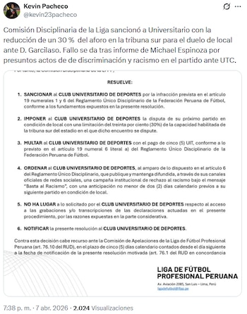 Resolución de la Comisión Disciplinaria que sanciona al Estadio Monumental. Crédito: Captura X.