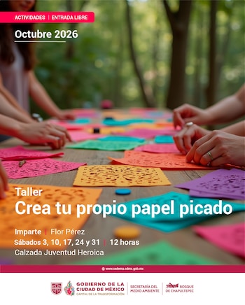 Cartel con personas que elaboran papel picado de colores sobre una mesa al aire libre, junto con textos informativos y logotipos oficiales