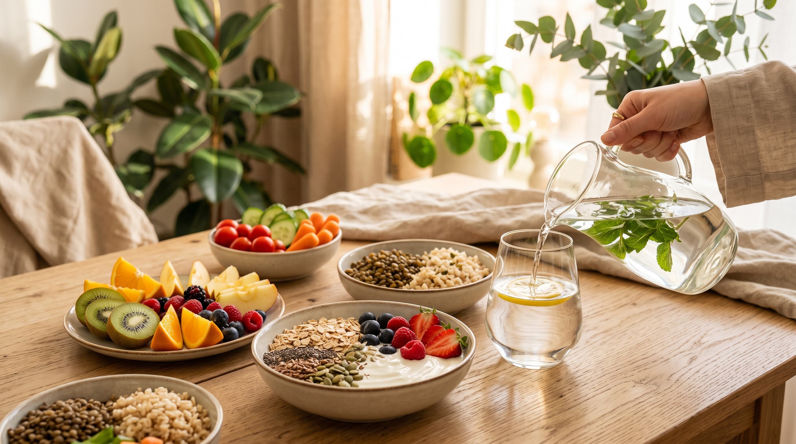 Una selección de frutas frescas, legumbres, cereales e hidratación con agua ilustra una propuesta de nutrición equilibrada. (Imagen Ilustrativa Infobae)
