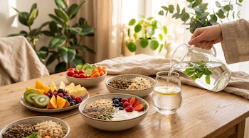 Tazones con frutas, verduras, semillas y cereales sobre una mesa de madera mientras una mano sirve agua desde una jarra.