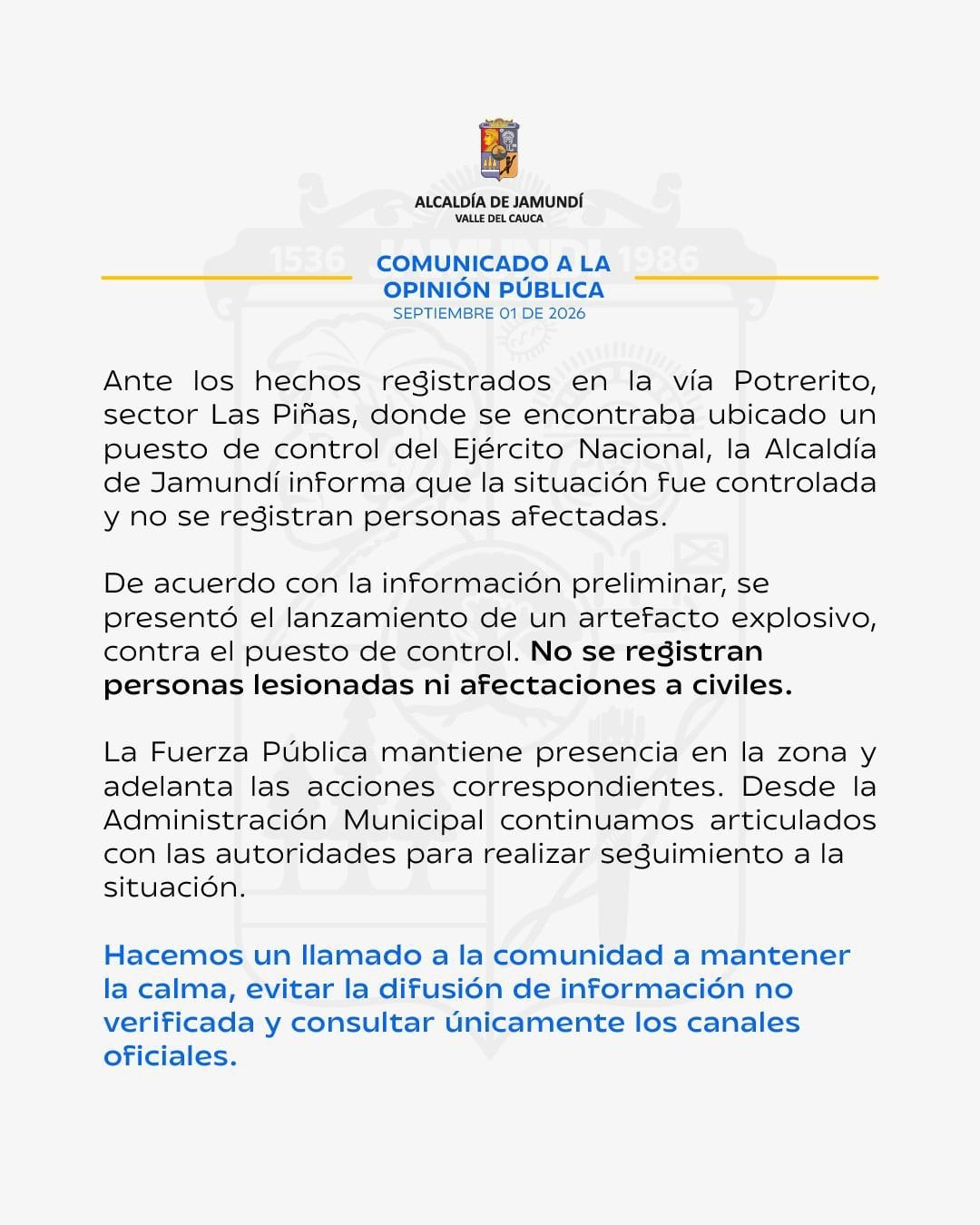 La Alcaldía precisó que el objeto lanzado contra la unidad militar habría sido una granada, aunque el tipo de explosivo no ha sido confirmado oficialmente - crédito Alcaldía de Jamundí