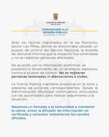La Alcaldía precisó que el objeto lanzado contra la unidad militar habría sido una granada, aunque el tipo de explosivo no ha sido confirmado oficialmente - crédito Alcaldía de Jamundí