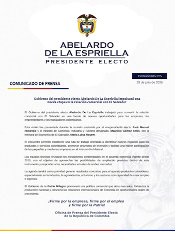 Comunicado de la Oficina de Prensa del Presidente Electo de la República de Colombia en el que se anuncia la hoja de ruta para fortalecer la relación comercial con El Salvador - crédito Defensores de la Patria