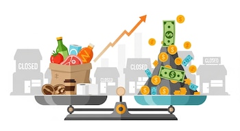 Ilustración de una balanza desequilibrada con comestibles a la izquierda y una montaña de dinero a la derecha, frente a tiendas cerradas y un gráfico de inflación ascendente.